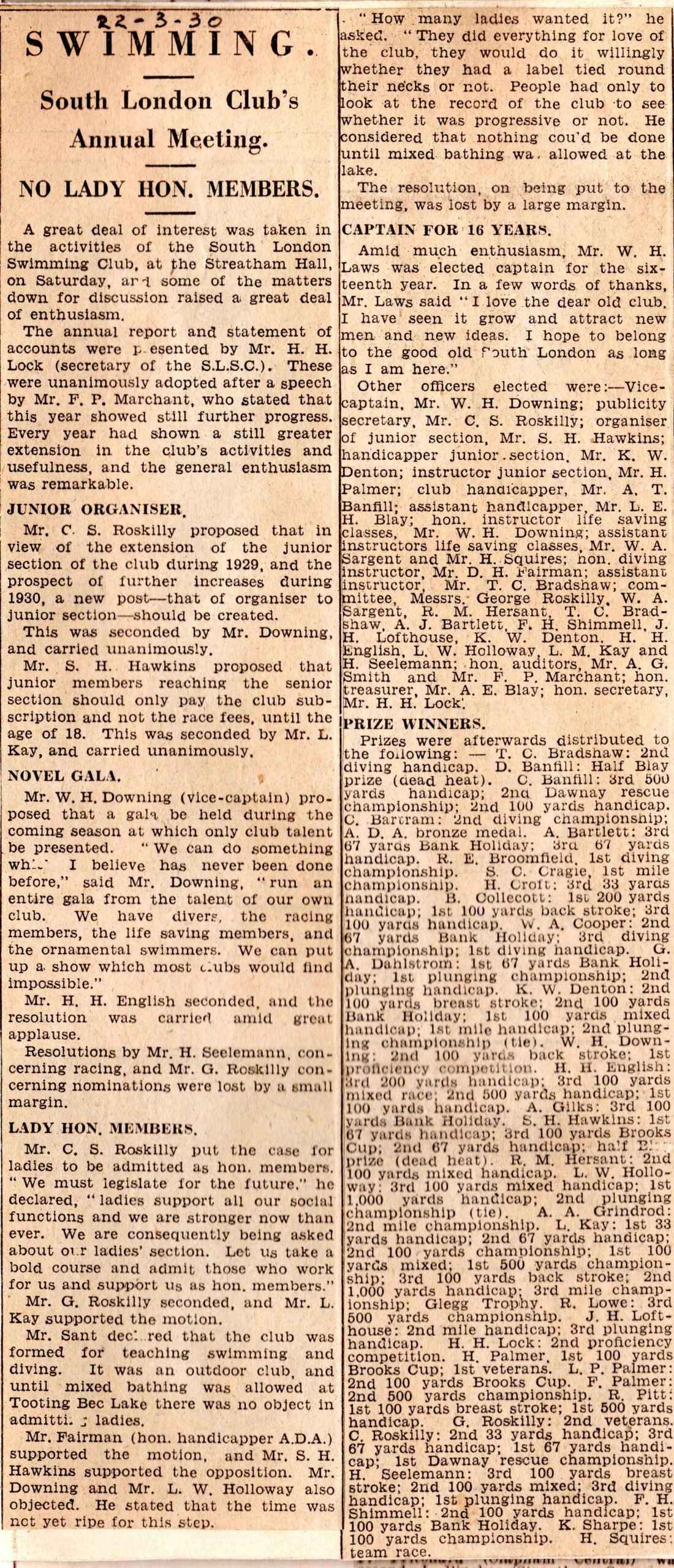 South London Swimming Club Annual Meeting 1930