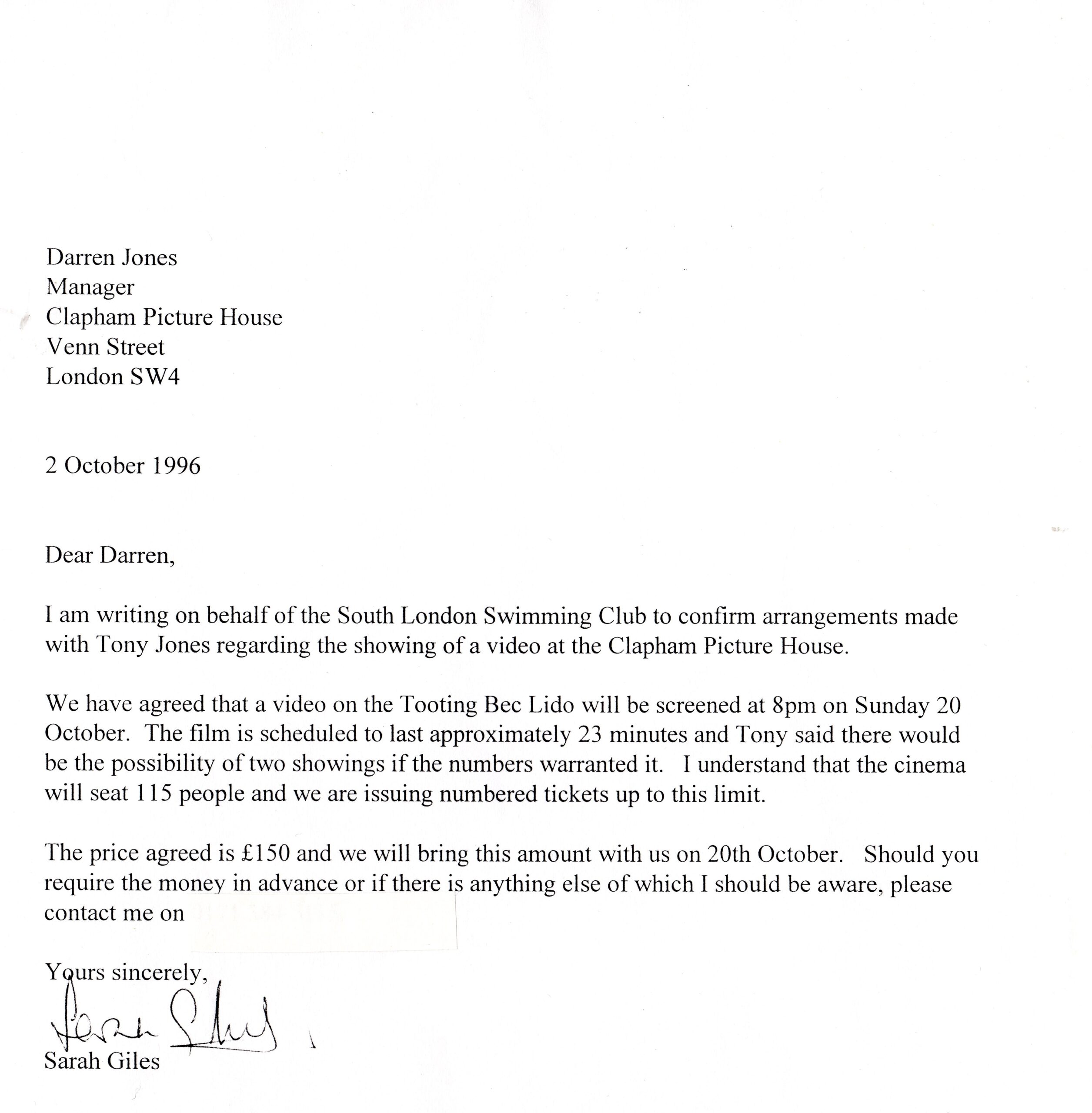 Letter to Clapham Picture House