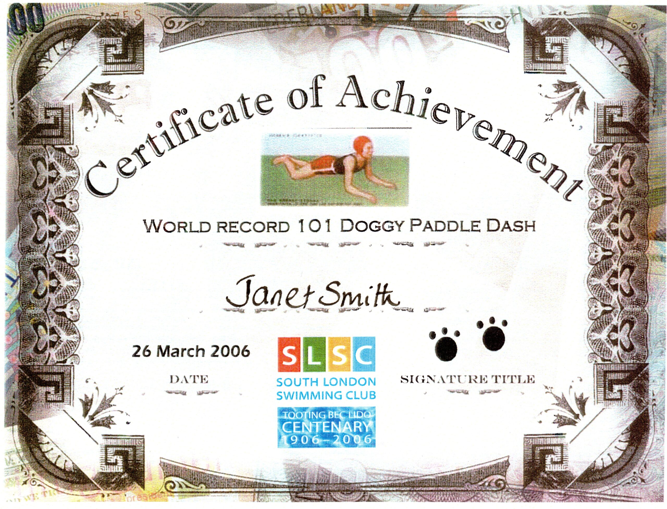 Centenary: Doggy Paddle Certificate