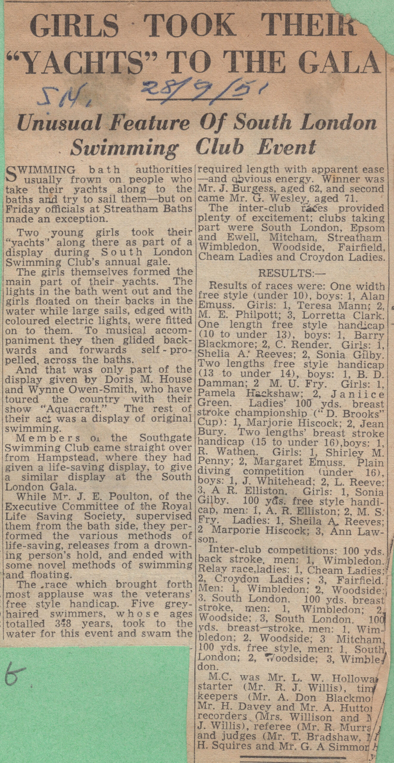 Report of Swimming Gala 1951